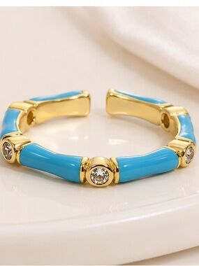 Blue Enamel Bamboo Open Ring Gold Tone CZ Accent